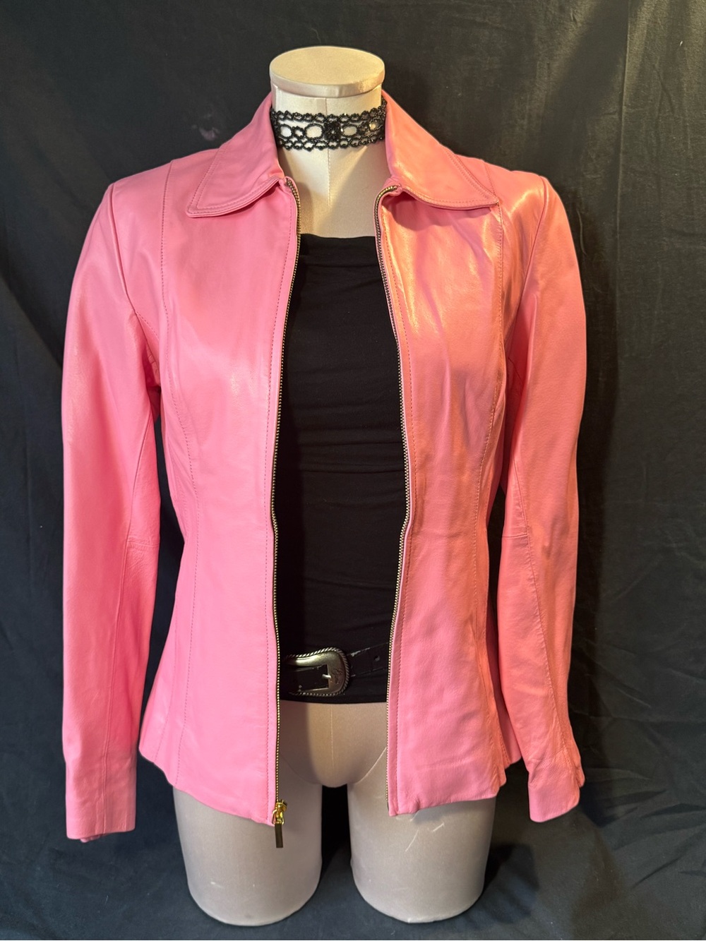 Women's Pink Fitted Leather Zip Jacket